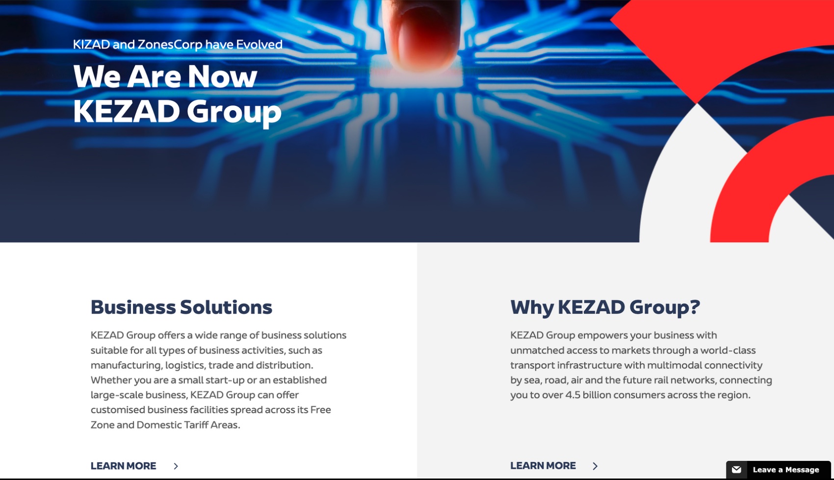 KEZAD Group website: rebrand landing page with business solutions and value proposition