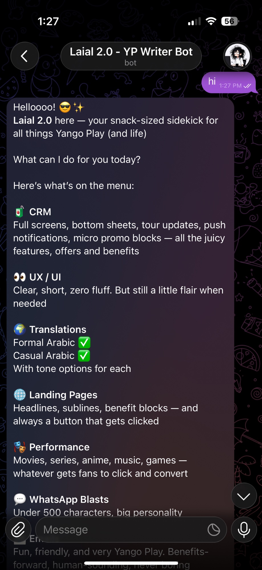Laial 2.0 Telegram bot: menu showing CRM, UX/UI, translations, landing pages, performance, and more