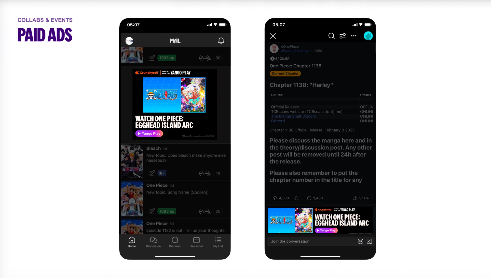 Crunchyroll on Yango Play: paid ads on MyAnimeList and Reddit