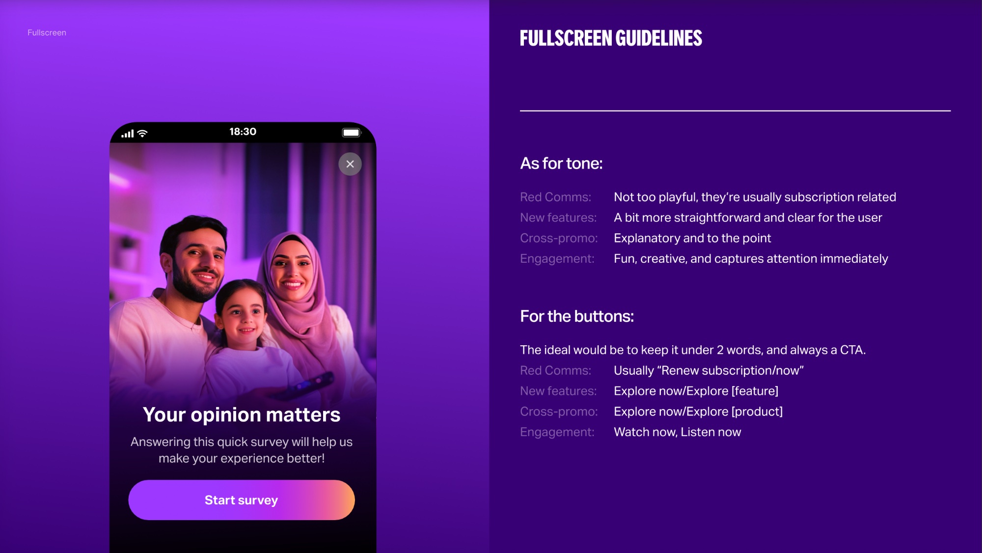 Yango Play style guide: fullscreen guidelines with tone rules and button copy standards