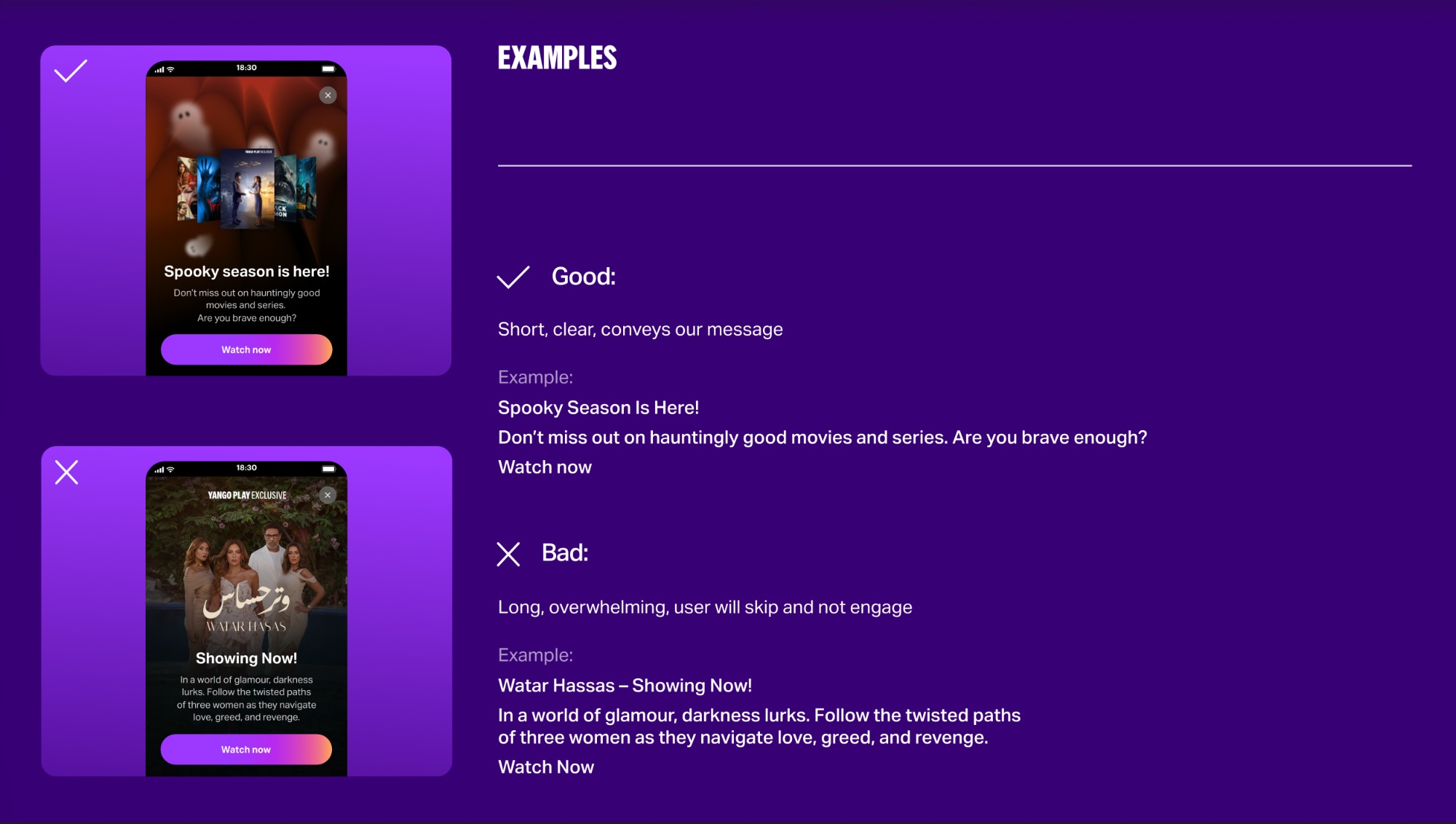 Yango Play style guide: good vs bad copy examples with app screenshots